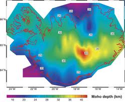 Seismic crustal thickness distribution in Iceland – from Foulger et al. (2003). Note the bowl-shaped crustal structure of the region – with maximum thickness beneath the centre of the island 